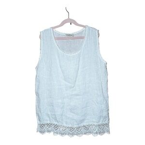 LAURA BIANCHI Made in Italy White 100% Linen Sleeveless Lace Trim Top Size S